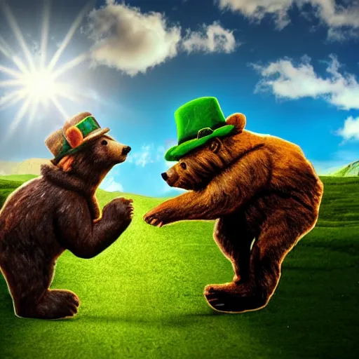 Image similar to A leprechaun fighting a bear at the top of a mountain, sun shines on them, harsh lighting, dramatic