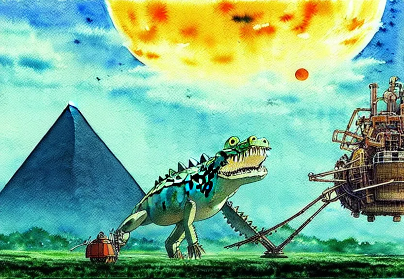 Image similar to a hyperrealist watercolor concept art from a studio ghibli film showing a giant mechanized crocodile from howl's moving castle ( 2 0 0 4 ). a pyramid is under construction in the background, in the rainforest on a misty and starry night. a ufo is in the sky. by studio ghibli