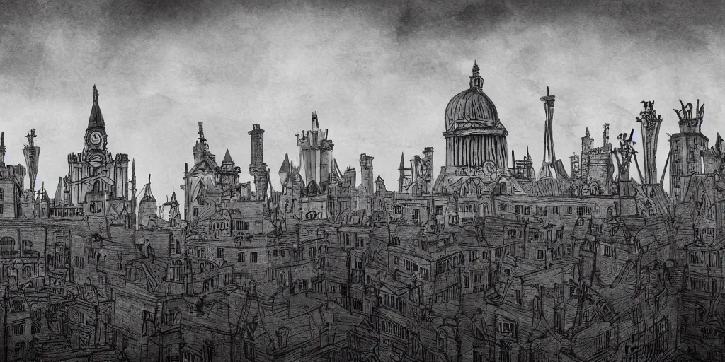 Image similar to 2 d victorian london skyline in the style of tim burton, claymation