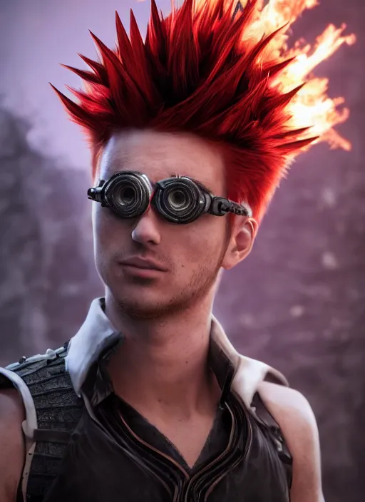 Image similar to An epic fantasy comic book style portrait painting of young man with long red spiked hair. Wearing a black waistcoat, white shirt, using googles. Blasting fire on his hands. Unreal 5, DAZ, hyperrealistic, octane render, cosplay, RPG portrait, dynamic lighting