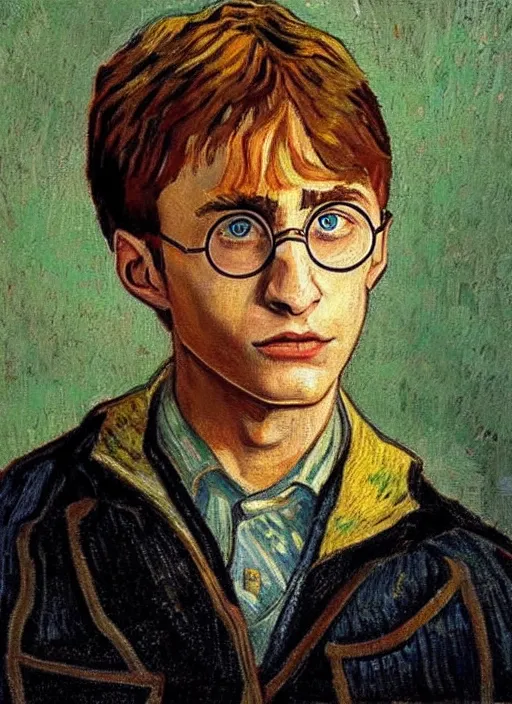 Image similar to lifelike oil painting portrait of harry potter by van gogh