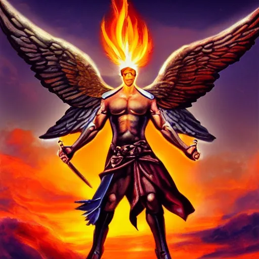 Prompt: biblically accurate angel, epic propaganda poster, holding a flaming sword above his head, strength, health, confidence, in the style of magic the gathering cart art, hypermasculine, ancient soldier, flying in the sky, triumphant pose, bright colors