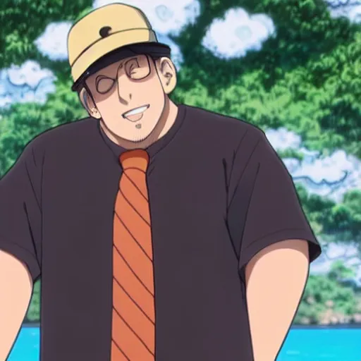 Prompt: A still of Jonah Hill with blonde hair wearing a tie dye t-shirt and a hat in One Piece Anime Series