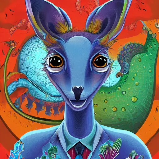 Image similar to a dik dik monster with tattoos wearing a fedora, colorful, digital art, fantasy, magic, trending on artstation, ultra detailed, professional illustration by basil gogos