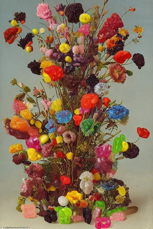 Image similar to still life of a bouquet of gummy bear in the shape of different flowers, but the flowers are actually gummy bears and jelly beans, delicious rubbery translucent squishy sweets, soft light, highly detailed, close up, Northern Renaissance