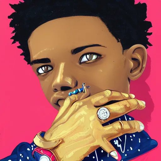 Prompt: a painting of miles morales, dripped out, diamonds, diamond chain, gold rings, gold watch, stylish, gold grill by sachin teng