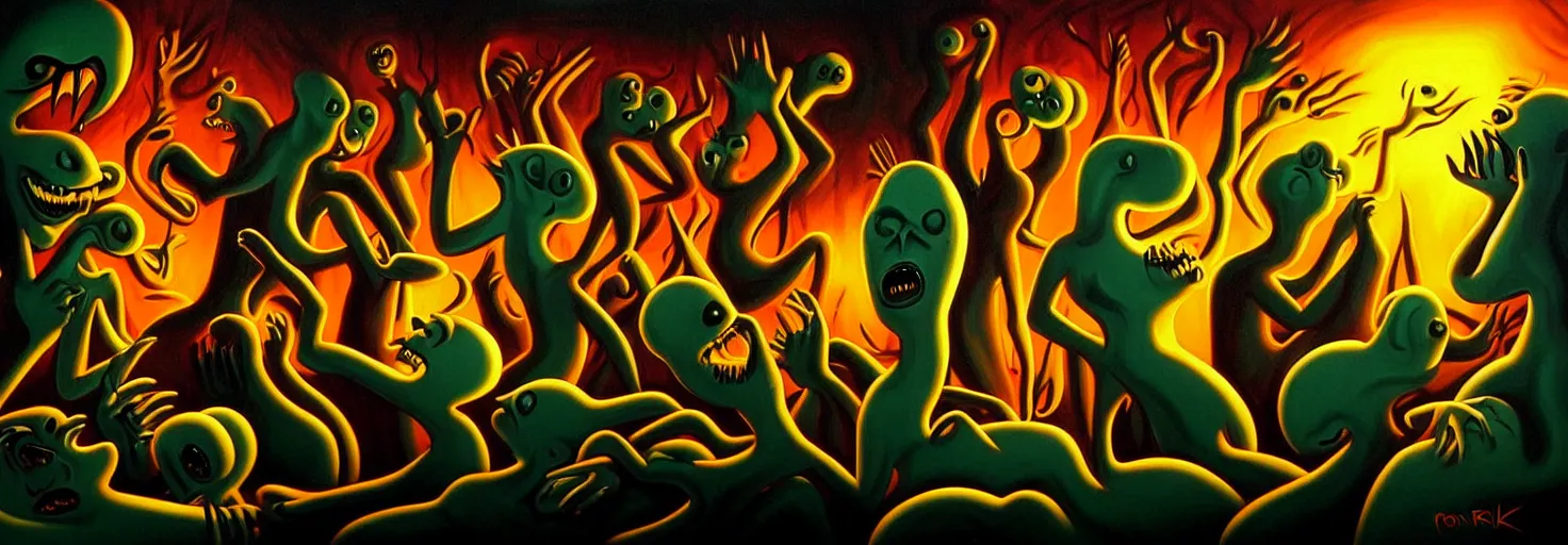 Image similar to visceral freaky monsters from the darkest depths of collective unconscious, dramatic glowing lighting, 1 9 3 0 s fleischer cartoon characters, wild emotional expressions - surreal painting by ronny khalil