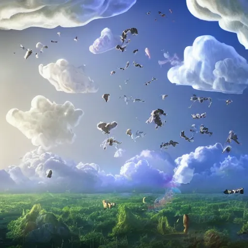 Image similar to a castle of clouds in the sky full of animals jumping through the clouds and partying all day, and growing invented plants that do not exist in nature, ray tracing