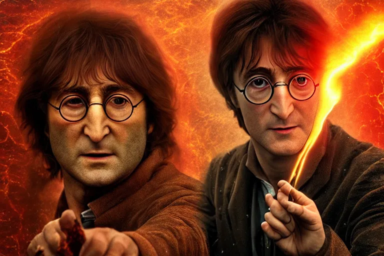 Prompt: an ultra realistic, cinematic, headshot portrait, of john lennon as harry potter, fire, facial features, background of a lava river, with rain and lightning, detailed, deep focus, movie still, dramatic lighting, ray tracing, by michal karcz and yoshitaka amano