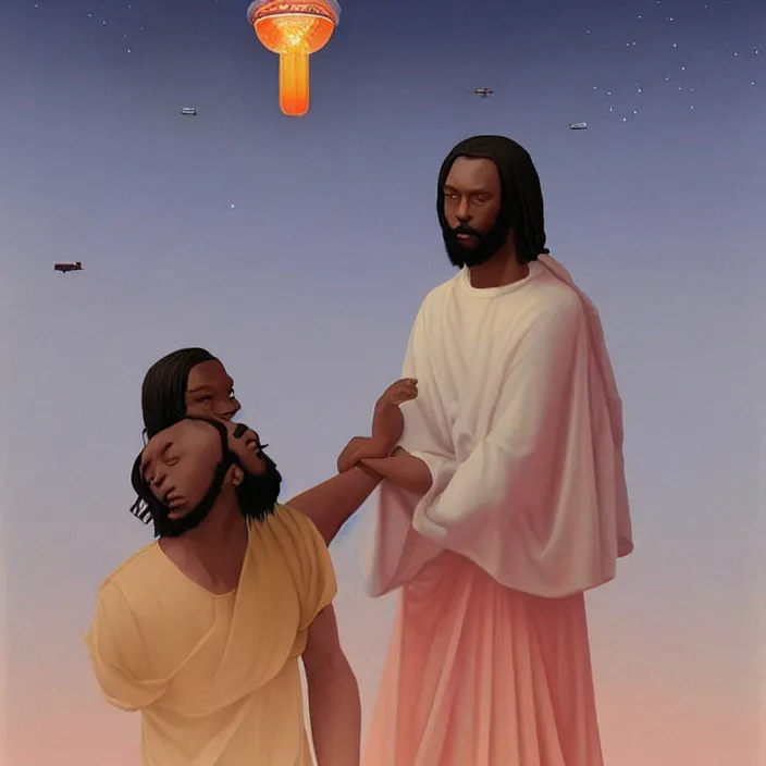 Prompt: a UFO hovering over an African Jesus, painting by Hsiao-Ron Cheng,