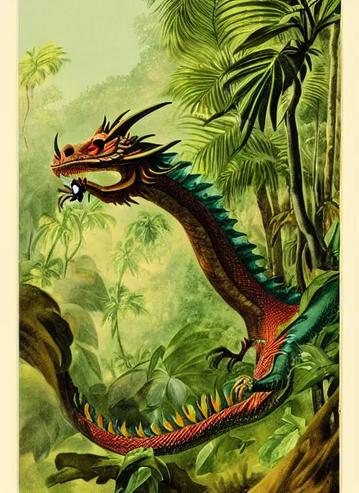 Prompt: vintage dragon in a tropical forest, john james audubon