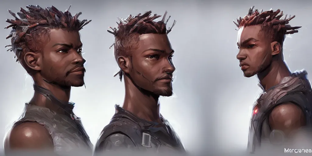 Prompt: concept art of rugged african male netrunner d & d video game characters head designs, unique hair designs, by marc brunet and artgerm