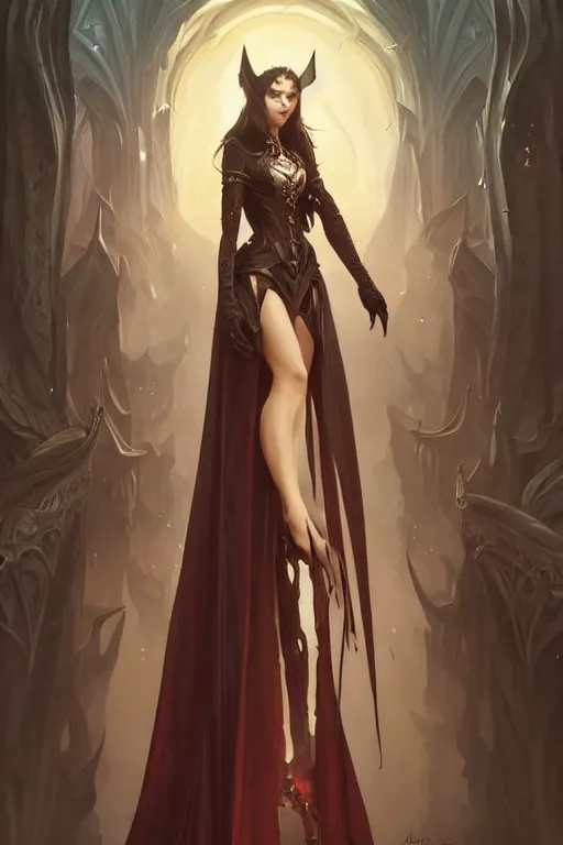 Image similar to Beautiful vampire queen, clothing made of souls, levitating, Full body shot, D&D, fantasy, intricate, elegant, highly detailed, digital painting, artstation, concept art, matte, sharp focus, illustration, hearthstone, art by Artgerm and Greg Rutkowski and Alphonse Mucha