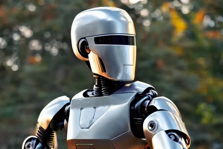 Image similar to real life robocop, ultra realistic!!!, autumn, clear weather, golden hour, sharp focus