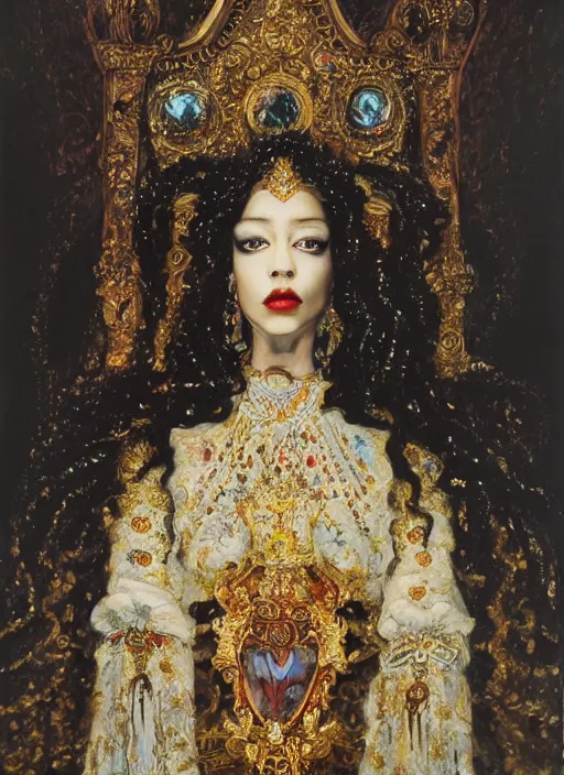 Image similar to oil painting of portait Queen of Ecstasy in a large throne room, Hungarian, curly black hair, by Yoshitaka Amano