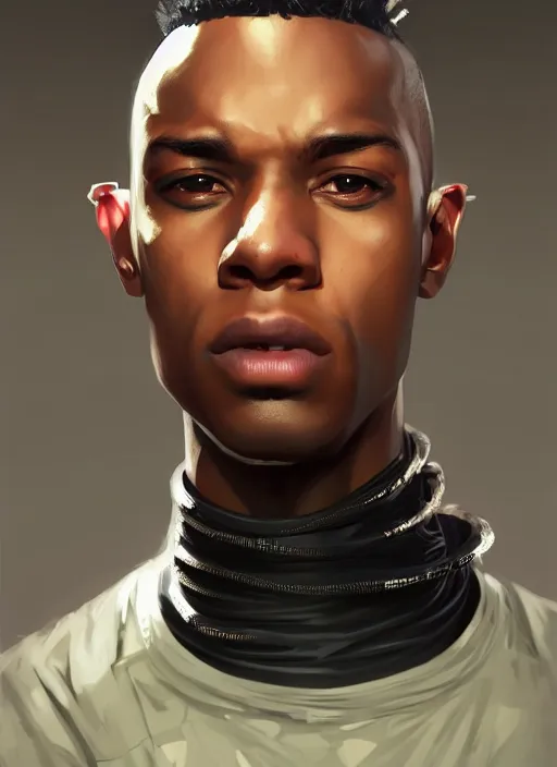 Prompt: portrait of a young black man with a mohawk and a solid black eyes, wearing futuristic techwear highly detailed, digital painting, artstation, concept art, smooth, sharp focus, illustration, art by wlop, uang guangjian and gil elvgren and sachin teng and greg rutkowski