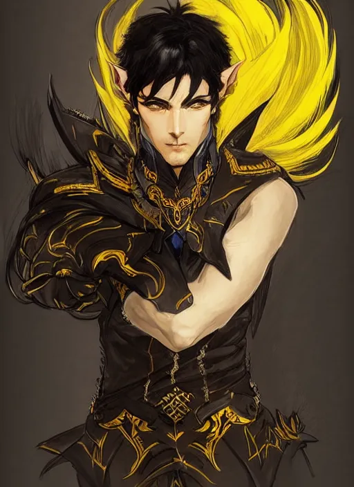 Image similar to Half body portrait of a handsome elven wind mage with short brown black hair wearing ornate dark yellow attire. In style of Yoji Shinkawa and Hyung-tae Kim, trending on ArtStation, dark fantasy, great composition, concept art, highly detailed, dynamic pose.