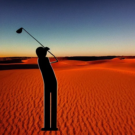 Prompt: a man made of cucumber holding a golf club in the desert at sunset