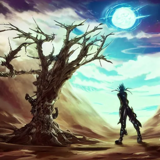 Image similar to sci - fi anime exoskeleton creature fighting the ancient tree god on a vast desert island, cinematic, high fantasy, maximalist, epic