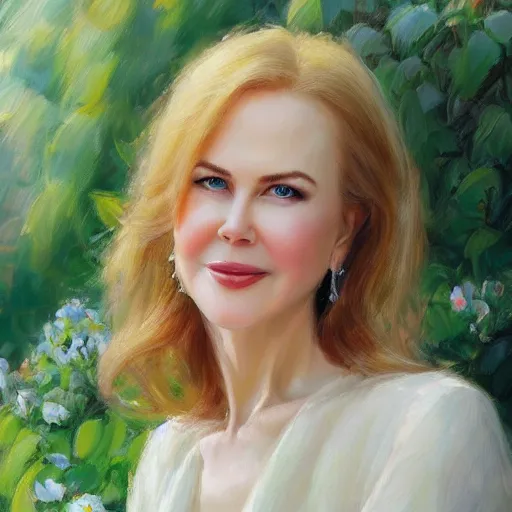 Image similar to closeup portrait of nicole kidman in the garden, morning, highly detailed, ultrarealistic oil painting, vladimir volegov, artstation