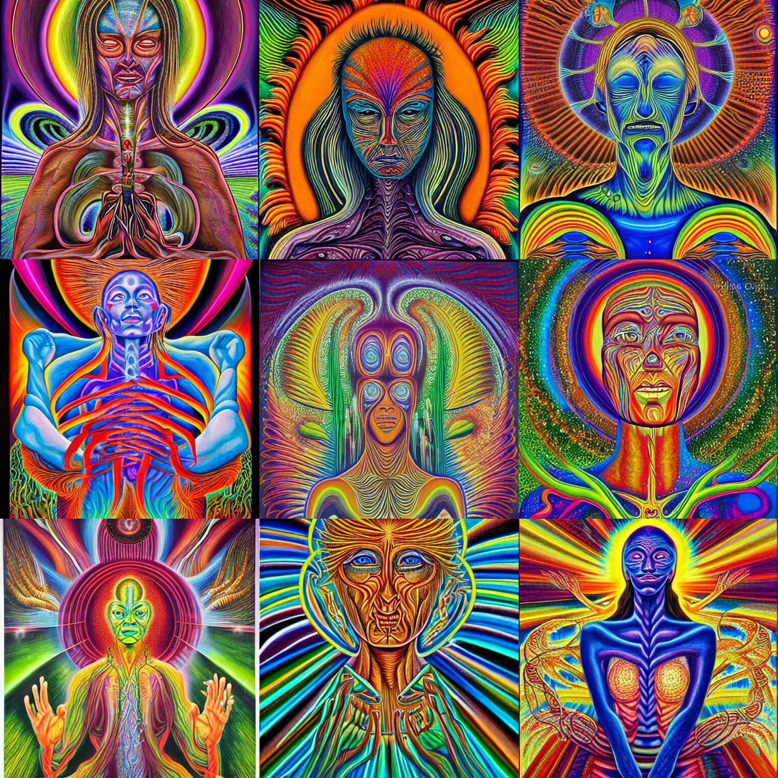 Prompt: mother nature ayahuasca spirit, painting by alex grey in the style of cosmic christ by aaron brooks