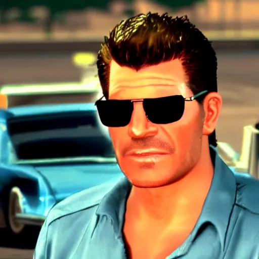 Prompt: david boreanaz wearing sunglasses as a character on a gta vice city loading screen