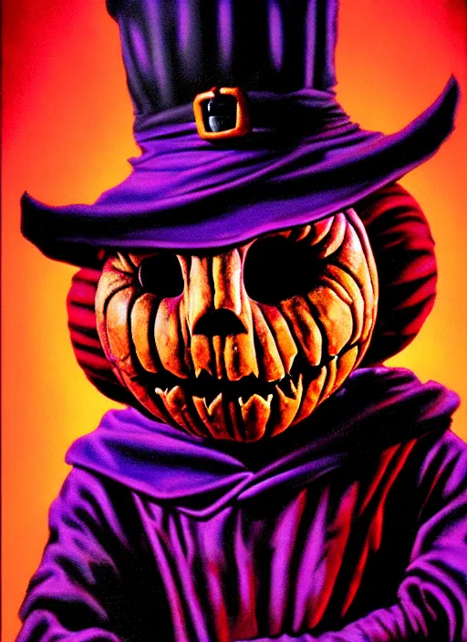 Prompt: highly detailed portrait of Sam from Trick R Treat, by John philip falter , 4k resolution, Dead Silence inspired, Halloween III inspired, vibrant but dreary but upflifting purple, black and orange color scheme!!! ((Haunted house background))
