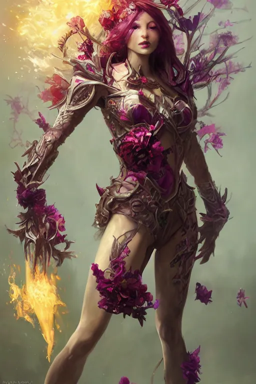 Prompt: face closeup beautiful girl necromancer titania from marvel comics covered with glass exploding into blood, practical armor, heroes of the storm, 3 d render, hyper realistic detailed portrait, holding magic flowers, ruan jia, wlop. scifi, fantasy, hyper detailed, octane render, concept art, peter mohrbacher