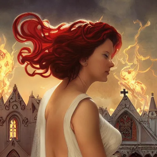 Image similar to an beautiful and detailed matte painting of a lesbian wedding between evil pyromancer and a red mage, unholy, white church background, god rays, detailed face, sharp focus, highly detailed, cinematic lighting, studio quality, colorful, smooth render, vector illustration, award winning, by artgerm, greg rutkowski, alphonse mucha