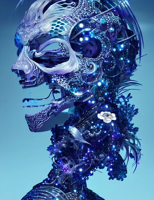 Image similar to 3 d goddess close - up profile simple portrait cybernetic with skull. beautiful intricately detailed japanese crow kitsune mask and clasical japanese kimono. betta fish, jellyfish phoenix, bio luminescent, plasma, ice, water, wind, creature, artwork by tooth wu and wlop and beeple and greg rutkowski