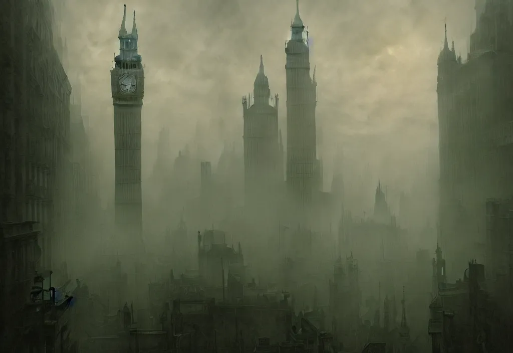 Image similar to london in green mist by carl gustav carus, clocktower, steampunk, tentacles, cthulhu, digital art, 4k, trending on artstation, highly detailed