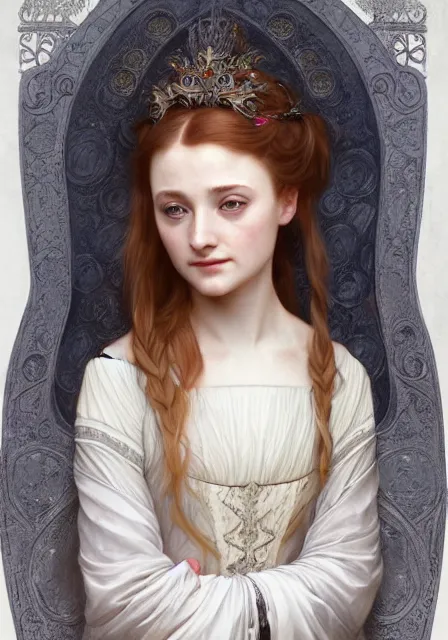 Image similar to portrait of little pretty sansa stark, intricate, elegant, highly detailed, digital painting, artstation, concept art, smooth, sharp focus, illustration, art by artgerm and greg rutkowski and alphonse mucha and william - adolphe bouguereau