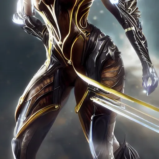 Image similar to highly detailed exquisite fanart, of a beautiful female warframe, elegant pose, holding a detailed epic kitgun, high quality hands, epic cinematic shot, DeviantArt, high quality artstation, HD render