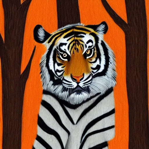 Image similar to tiger in the forest children drawing stripes orange sky palm tres sharp claws and teeth