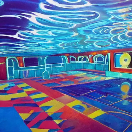 Image similar to a painting of the lost nightclub of Atlantic. An underwater dance floor.