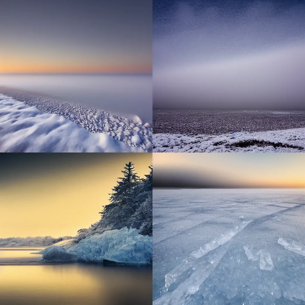 Prompt: winter landscape, ice, mist, sea coast