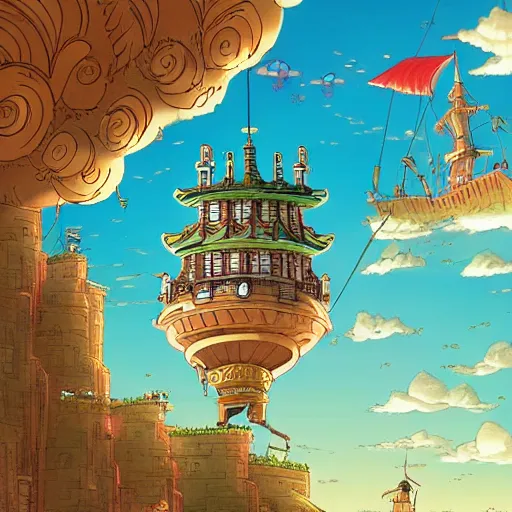 Prompt: intricate illustration, of flying castle, ghibli colorful, cinematic composition