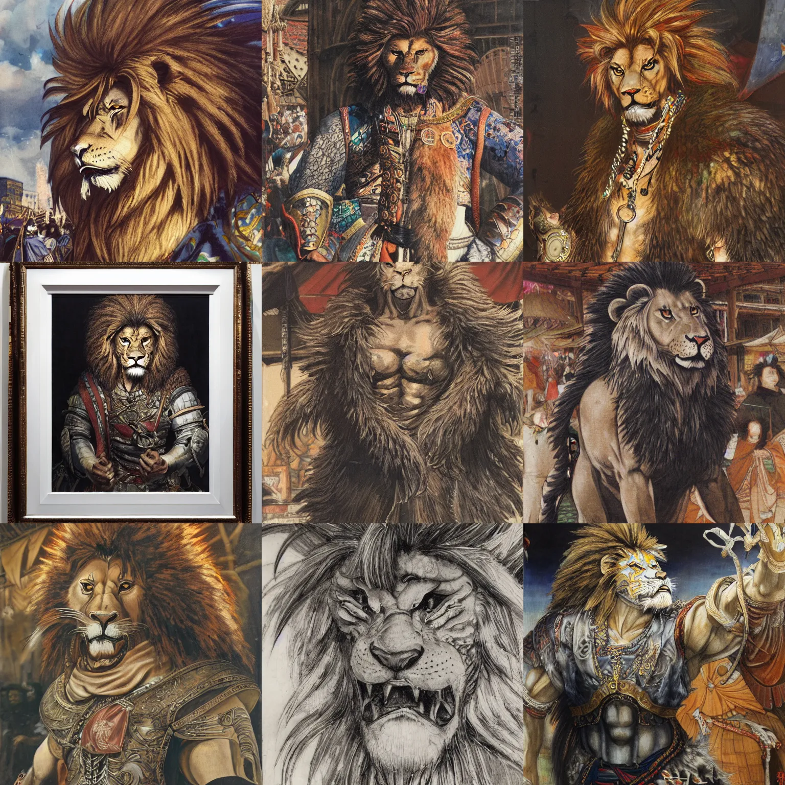 Prompt: 8k Yoshitaka Amano painting of upper body of a young cool looking lion beast-man at a medieval market at windy day. Depth of field. He has white mane, He is wearing complex tribal clothing. He has huge paws. Renaissance style lighting.