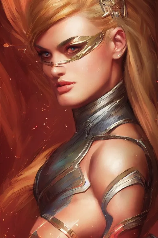 Image similar to three quarters portrait pose of a beautiful woman, strong body,super heroine costume,super powers, fantasy, intricate, elegant, highly detailed, digital painting, artstation, concept art,shining, sharp focus, illustration, art by Stanley Lau