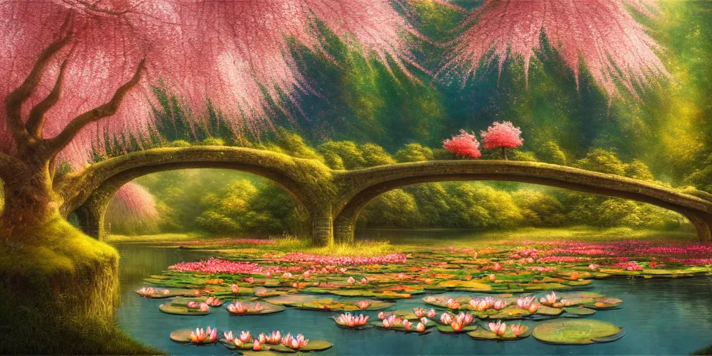 Image similar to a real photographic landscape painting with incomparable reality, wide angle, in forest, flowers, peach tree in full bloom, waterlily pond, bright style, harry potter, clearing,, john howe, magnificent, artstation