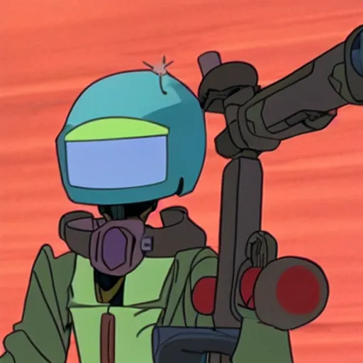 Image similar to canti from flcl anime holding a valorant style sniper rifle.