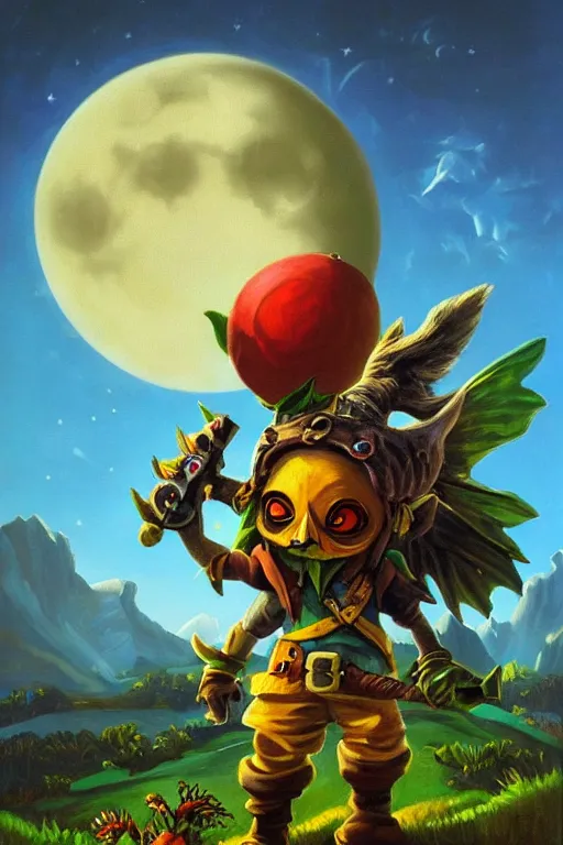 Image similar to asher brown durand oil painting on canvas hyrule skullkid in majoras mask with the moon in the sky