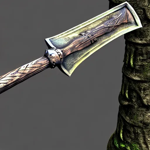 Image similar to Viking Battleaxe, Two Blades, Handle looks like a tree, blades bare the image of a wolf upon them, 3D render, fantasy weapon