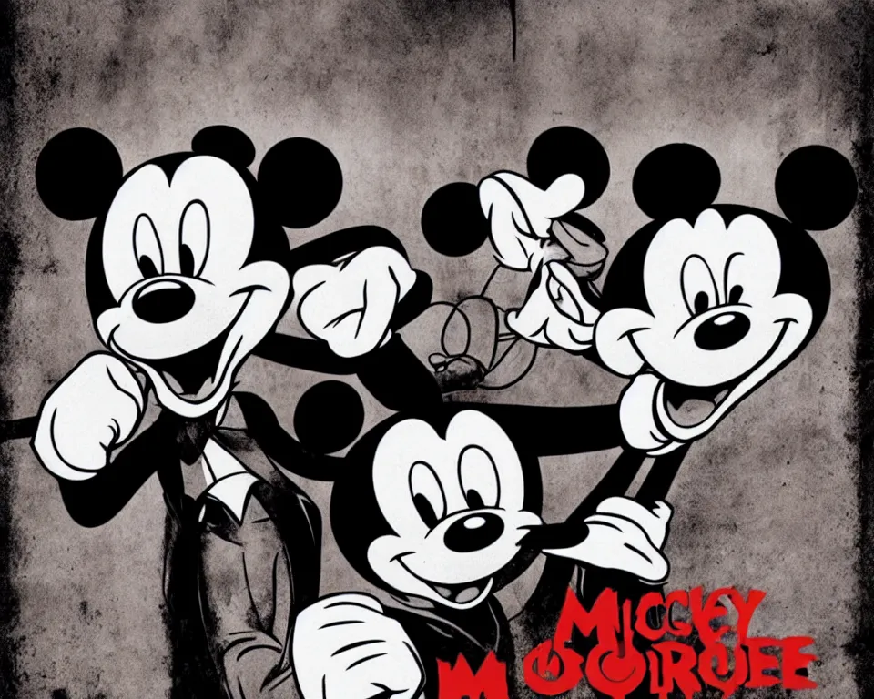 Image similar to a horror movie poster featuring Mickey Mouse