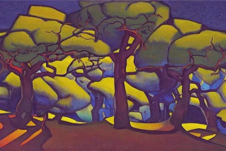 Image similar to masterpiece painting of oak trees on a hillside overlooking a creek, dramatic lighting, by nicholas roerich