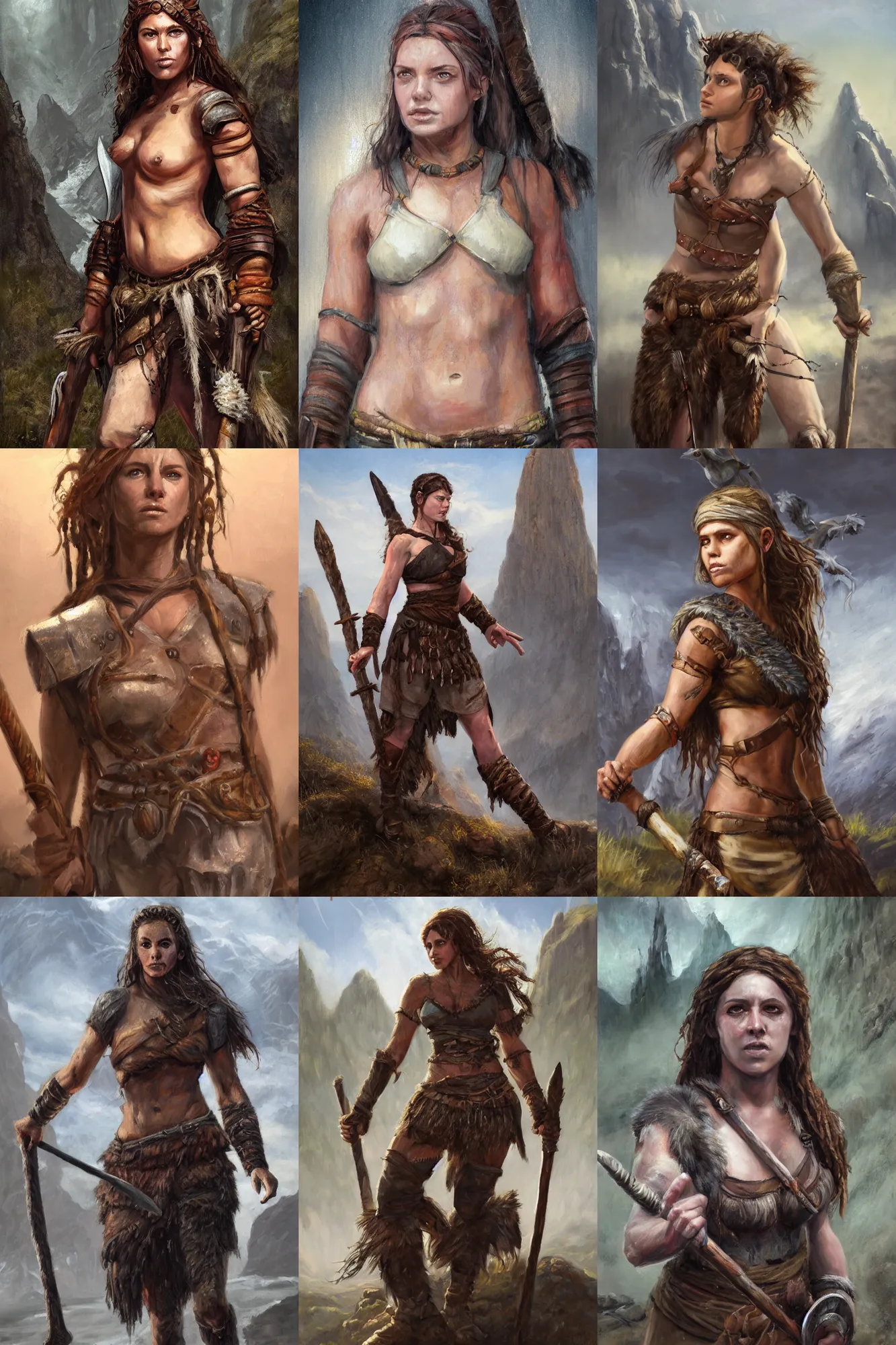 Prompt: a full body high detail fantasy portrait oil painting illustration of a single young rugged stoic barbarian woman by Justin Sweet with face and body clearly visible, in a scenic background, pupils visible, realistic proportions, d&d, rpg, forgotten realms, artstation trending, high quality, sombre mood, artstation trending, muted colours, no crop, entire person visible!, natural light, Adobe Photoshop, Adobe Lightroom, photolab, Affinity Photo,