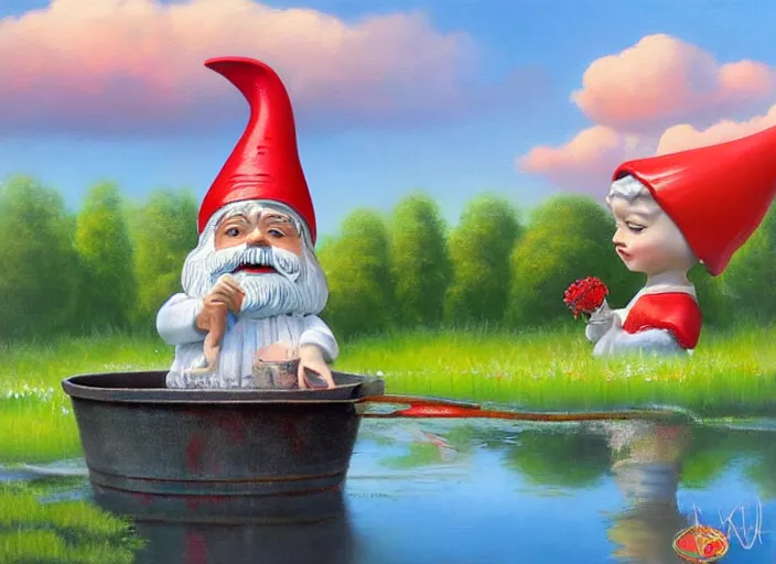 Image similar to a garden gnome sailing in a bucket, whimsical background of a reflective pond on a sunny day with dramatic clouds, an ultrafine detailed painting by mark ryden, trending on deviantart, pop surrealism, whimsical, lowbrow, joyous, perfect symmetrical face