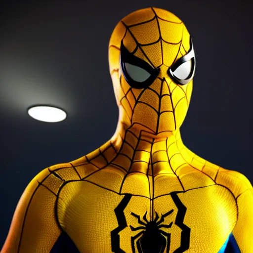 Image similar to still photo of yellow spider - man, highly detailed, photorealistic portrait, bright studio setting, studio lighting, crisp quality and light reflections, unreal engine 5 quality render
