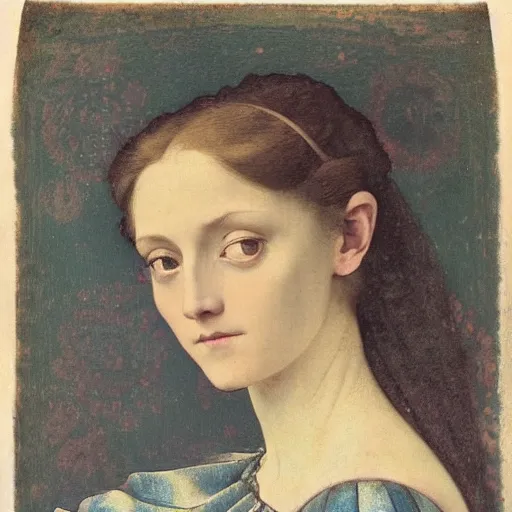 Prompt: portrait of a beautiful young lady with huge bright silver eyes, colored daguerreotype by pontormo, by bosch, by mucha, by Mackintosh, by max ernst, art noveau, ornate, highly detailed, liminal, eerie, Bright pastel colors