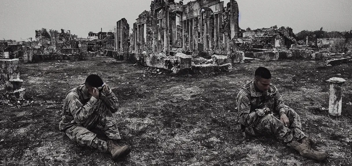 Prompt: “sad soldier, sitting alone, smoking a cigarette, looking at the ruins of his city from a hill”